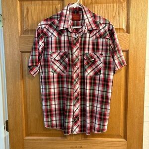 Rustler X Long Tail Shirt Mens L Red Green Plaid Short Sleeve Pearl Snap Western